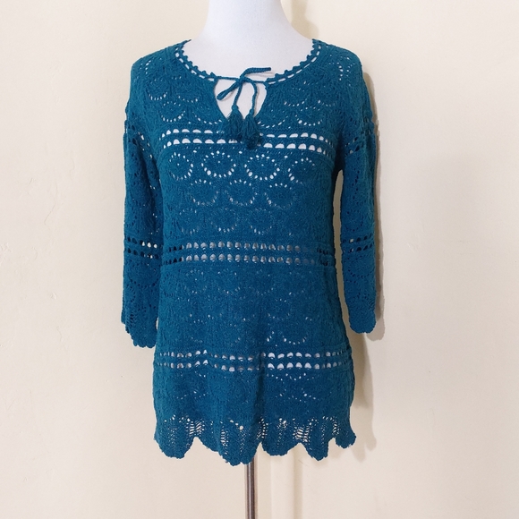 Lucky Brand Blue Crochet Tassle 3/4 Sleeve Scalloped Knit Blouse Top Size Small - Picture 12 of 12